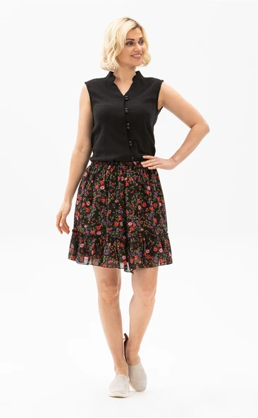 Buse Vual Kısa Yazlık Etek Tomurcuk Desen Siyah 6162 2XL-3XL Siyah - 2
