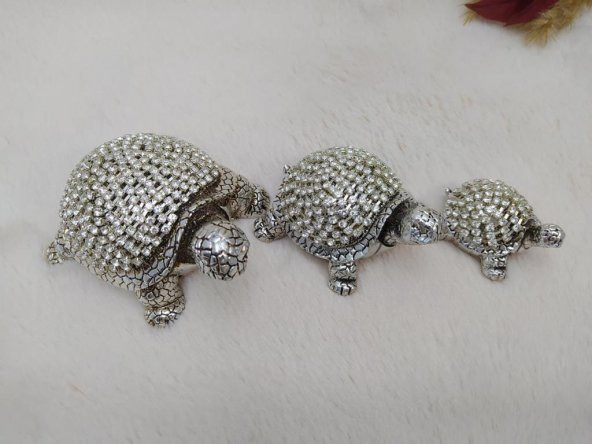Hdmarketim 3 Lü Kaplumbağa Ailesi Swarosvki Taşlı Metal Boya Ev Dekorasyon Biblolar
