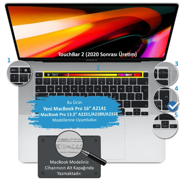 Macbook Pro Klavye Koruyucu 13inç M1-M2 (UK-EU İngilizce) Touchbarlı A2338 A2289 A2251 A2141 Uyumlu - 2