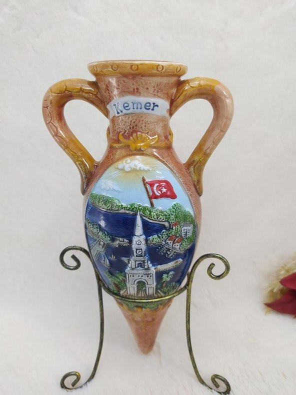 Testi Vazo Çiçeklik Amfora Kulplu Ayaklı Vazo Kemer Yazılı Seramik - 2
