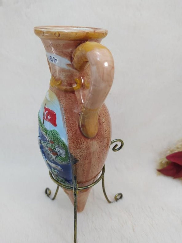 Testi Vazo Çiçeklik Amfora Kulplu Ayaklı Vazo Kemer Yazılı Seramik - 3