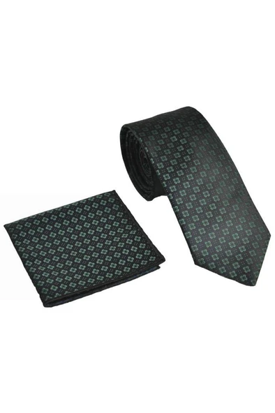 Brianze Çiçek Desen Yeşil Mendilli Kravat - Resim 3