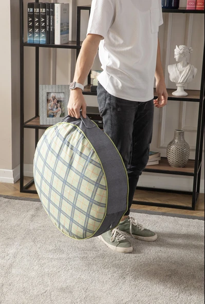 Ekoseli Büyük Boy Yer Minderi, Puf Kılıfı, Balkon ve Teras İçin Uygun, Taşınabilir, Yeşil Renk 60x60 cm - 6