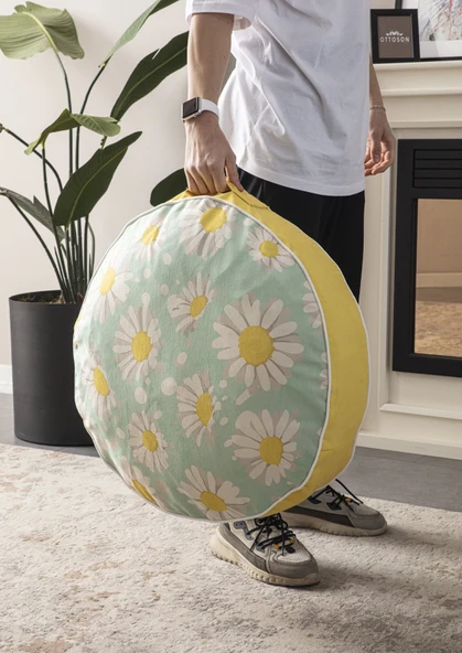 Papatya Desenli Yuvarlak Taşınabilir Dekoratif Yer Minderi Puf 60x60 cm - 2