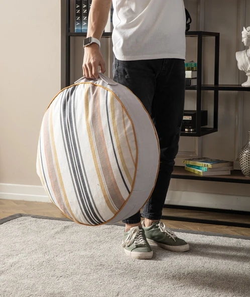 Şeritli Puf Minderi, Büyük Boy, Yer Minderi, Balkon ve Teras için Uygun, 60x60cm Puf - 5