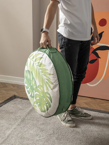 Yeşil Bitki ve Palmiye Desenli Puf Yer Minderi, 60x60 cm, Balkon ve Teras için Uygun - 5