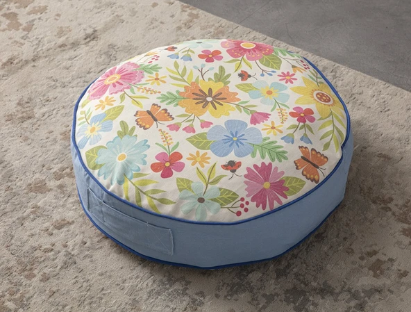 Renkli Çiçek Desenli Yuvarlak Dekoratif Yer Minderi Taşınabilir Puf, 60 x 60 cm