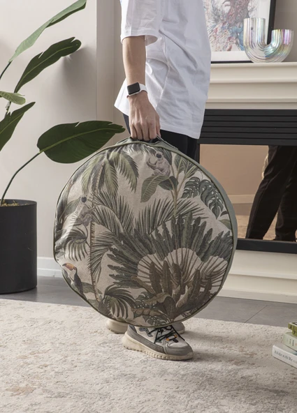 Yeşil Palmiye Desenli Dekoratif Yer Minderi Yuvarlak Puf Taşınabilir 60x60 cm - 2