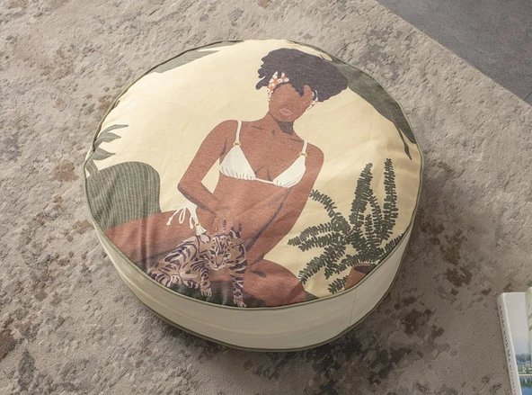 Dekoratif Portre Kadın Desenli Yuvarlak Yer Minderi Taşınabilir Puf 60 x 60 cm