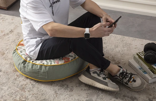 Yeşil Çiçek Detaylı Taşınabilir Yuvarlak Dekoratif Yer Minderi Puf 60 x 60 cm - 3