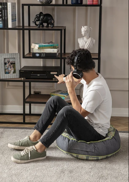 Ekoseli Büyük Boy Yer Minderi, Puf Kılıfı, Balkon ve Teras İçin Uygun, Taşınabilir, Yeşil Renk 60x60 cm - 4