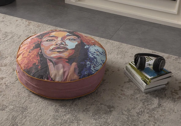 Kadın Portre Desenli Dekoratif Yer Minderi Puf Taşınabilir, Yuvarlak, 60 x 60 cm - 2