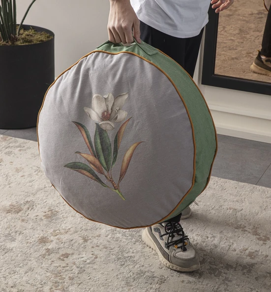 Gri Çiçek Desenli Dekoratif Taşınabilir Yuvarlak Puf Yer Minderi 60x60cm - 2