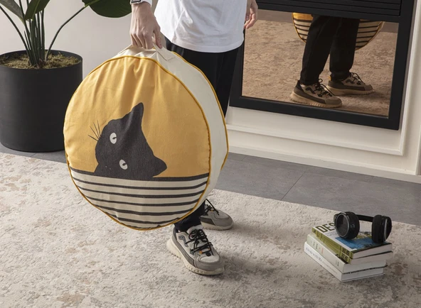 Kedi Desenli Dekoratif Yuvarlak Yer Minderi Puf Taşınabilir Kedi Yatağı 60 x 60 cm - 2