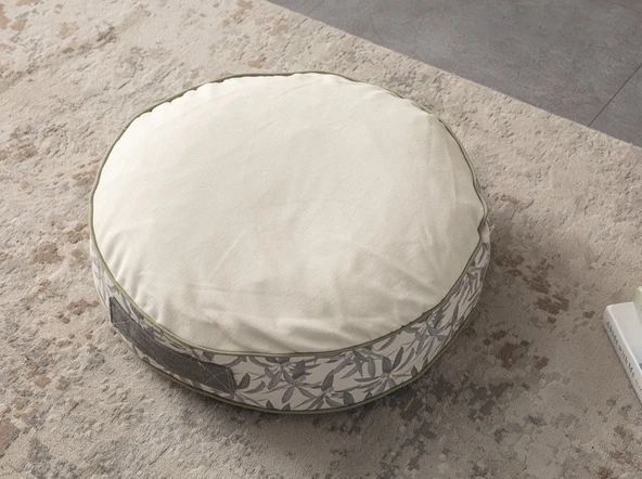 Krem Rengi Yuvarlak Taşınabilir Dekoratif Yer Minderi Puf 60x60 cm