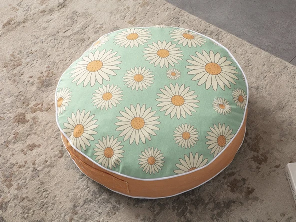 Su Yeşili Papatya Desenli Yuvarlak Dekoratif Taşınabilir Yer Minderi Puf, 60 x 60 cm - 2