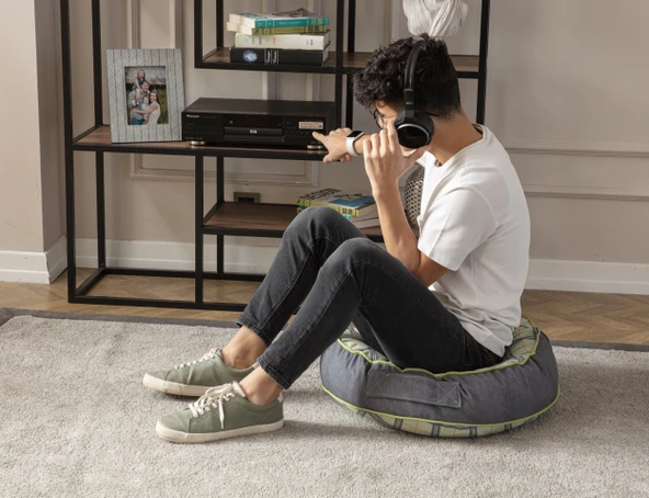 Ekoseli Büyük Boy Yer Minderi, Puf Kılıfı, Balkon ve Teras İçin Uygun, Taşınabilir, Yeşil Renk 60x60 cm - 5