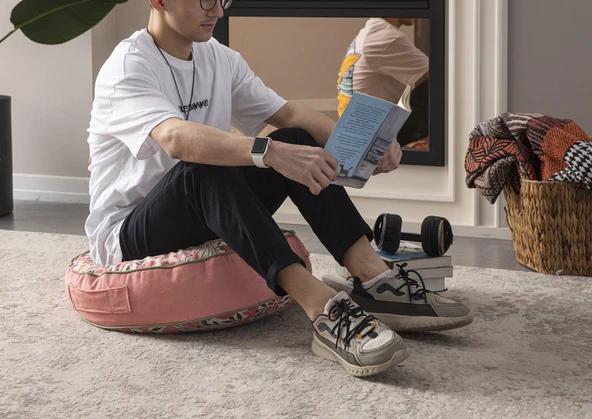 Çiçek Desenli Taşınabilir Yuvarlak Yer Minderi Puf 60x60 cm - 3