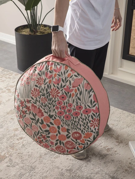 Çiçek Desenli Taşınabilir Yuvarlak Yer Minderi Puf 60x60 cm - 5