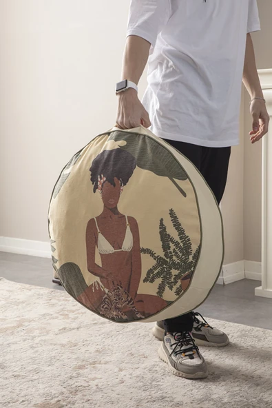 Dekoratif Portre Kadın Desenli Yuvarlak Yer Minderi Taşınabilir Puf 60 x 60 cm - 2