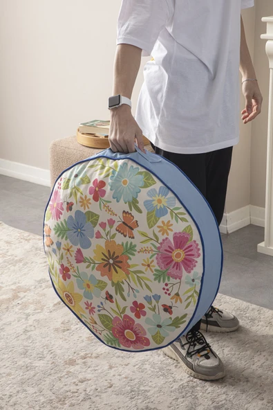 Renkli Çiçek Desenli Yuvarlak Dekoratif Yer Minderi Taşınabilir Puf, 60 x 60 cm - 2