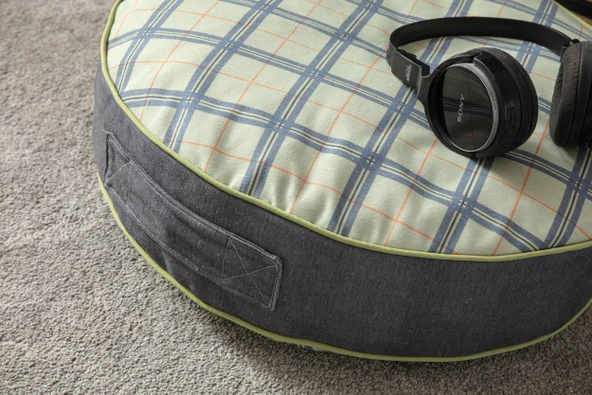 Ekoseli Büyük Boy Yer Minderi, Puf Kılıfı, Balkon ve Teras İçin Uygun, Taşınabilir, Yeşil Renk 60x60 cm - 3