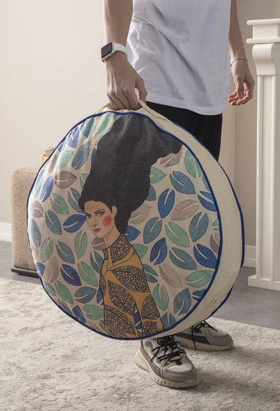 Dekoratif Mavi Kadın Portreli Yuvarlak Taşınabilir Yer Minderi Puf 60 x 60 cm - 2