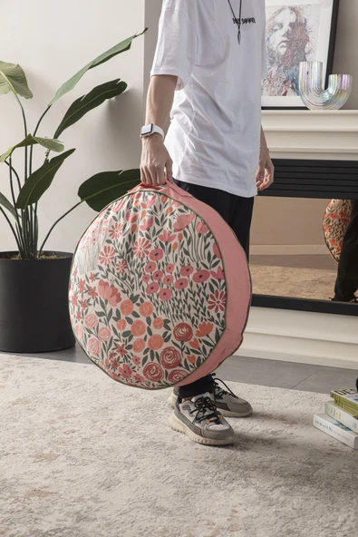 Çiçek Desenli Taşınabilir Yuvarlak Yer Minderi Puf 60x60 cm - 4