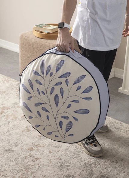 Mavi Dal Desenli Yuvarlak Dekoratif Taşınabilir Yer Minderi Puf 60 x 60 cm - 2