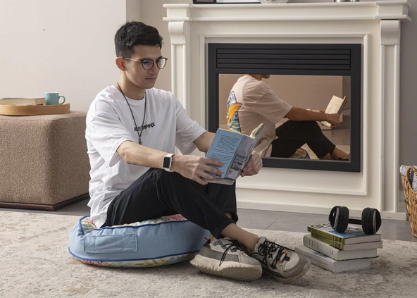 Renkli Çiçek Desenli Yuvarlak Dekoratif Yer Minderi Taşınabilir Puf, 60 x 60 cm - 3