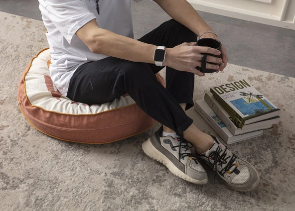 Good Vibes Yazılı Taşınabilir Dekoratif Yuvarlak Yer Minderi Puf 60x60 cm - 4