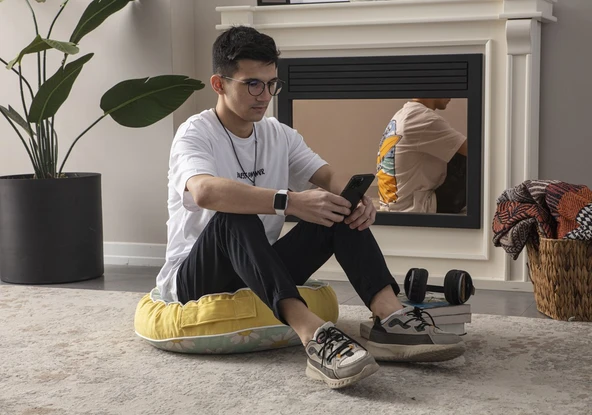 Papatya Desenli Yuvarlak Taşınabilir Dekoratif Yer Minderi Puf 60x60 cm - 4