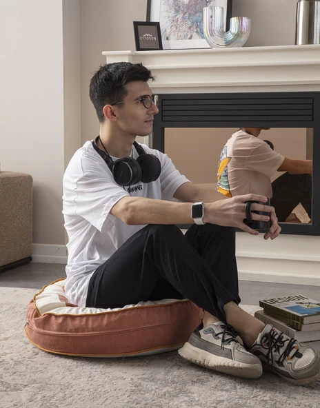 Good Vibes Yazılı Taşınabilir Dekoratif Yuvarlak Yer Minderi Puf 60x60 cm - 5