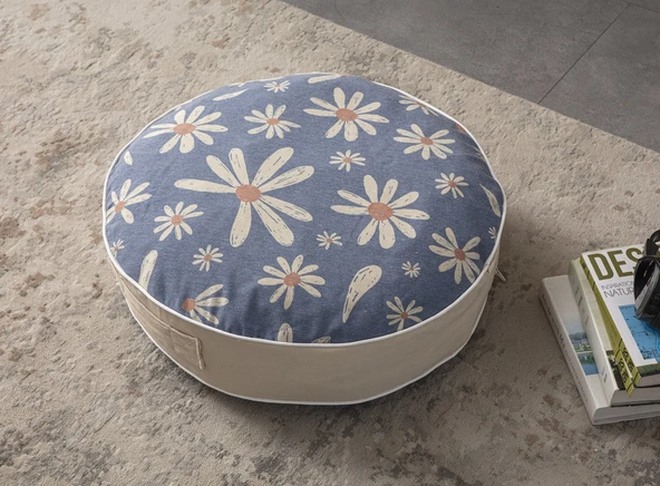Mavi Papatya Desenli Yuvarlak Dekoratif Taşınabilir Yer Minderi Puf, 60x60 cm - 2