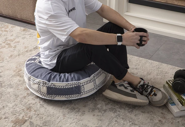 Çapa Desenli Taşınabilir Yuvarlak Puf Yer Minderi 60x60cm Balkon ve Teras İçin Uygun - 4