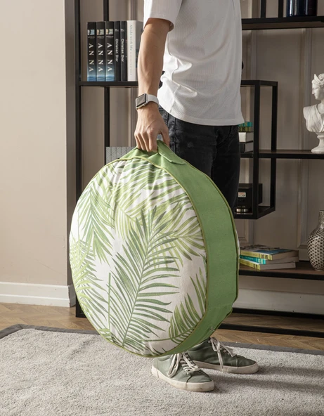 Yeşil Bitki ve Palmiye Desenli Puf Minderi, 60x60 cm, Balkon ve Teras için Uygun - 4