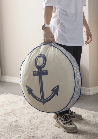 Çapa Desenli Taşınabilir Yuvarlak Dekoratif Yer Minderi Puf 60x60cm - 2