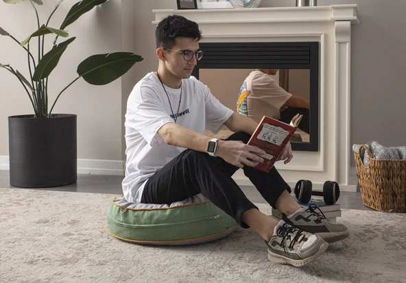 Gri Çiçek Desenli Dekoratif Taşınabilir Yuvarlak Puf Yer Minderi 60x60cm - 4