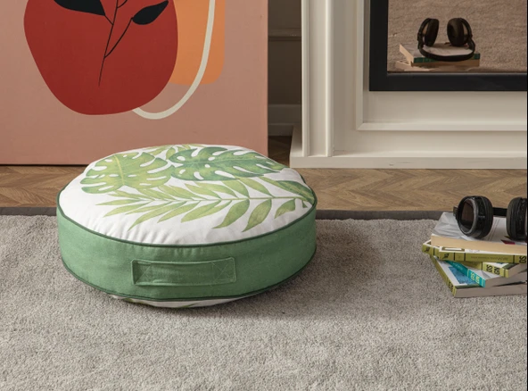 Yeşil Bitki ve Palmiye Desenli Puf Yer Minderi, 60x60 cm, Balkon ve Teras için Uygun - 2