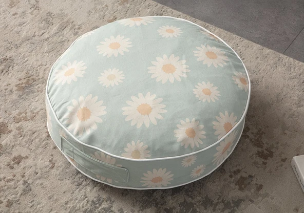 Papatya Desenli Taşınabilir Yuvarlak Dekoratif Yer Minderi Puf 60x60cm - 2