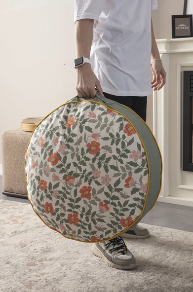 Yeşil Çiçek Detaylı Taşınabilir Yuvarlak Dekoratif Yer Minderi Puf 60 x 60 cm - 2