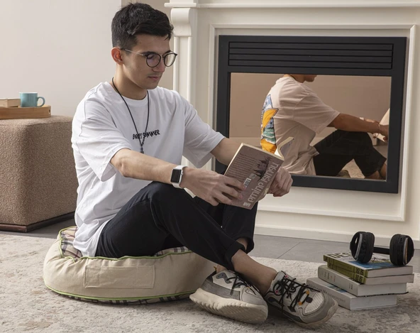 Dekoratif Ekoseli Yer Minderi Yuvarlak Taşınabilir Puf 60 x 60 cm - 3