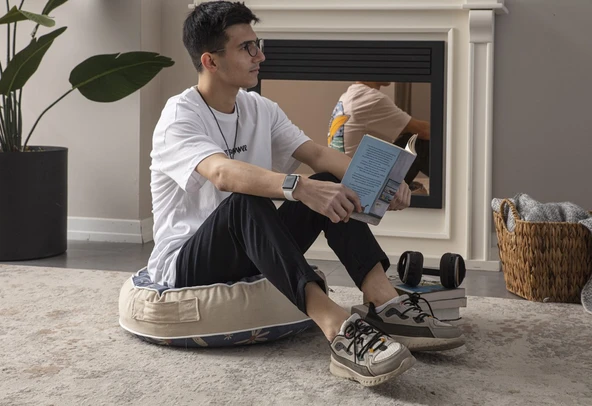 Mavi Papatya Desenli Yuvarlak Dekoratif Taşınabilir Yer Minderi Puf, 60x60 cm - 3