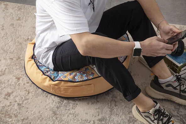 Dekoratif Yuvarlak Yer Minderi Puf Koltuk 60 x 60 cm Taşınabilir - 4