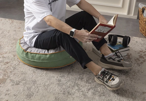 Gri Çiçek Desenli Dekoratif Taşınabilir Yuvarlak Puf Yer Minderi 60x60cm - 3