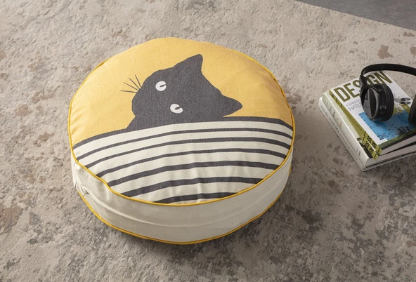 Kedi Desenli Dekoratif Yuvarlak Yer Minderi Puf Taşınabilir Kedi Yatağı 60 x 60 cm - 4