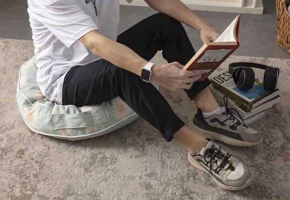 Papatya Desenli Taşınabilir Yuvarlak Dekoratif Yer Minderi Puf 60x60cm - 3