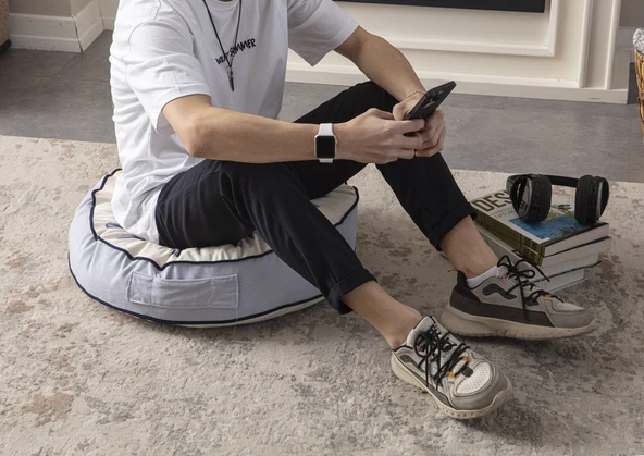 Mavi Dal Desenli Yuvarlak Dekoratif Taşınabilir Yer Minderi Puf 60 x 60 cm - 3