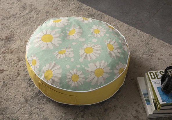 Papatya Desenli Yuvarlak Taşınabilir Dekoratif Yer Minderi Puf 60x60 cm