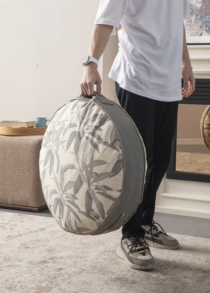 Gri Yaprak Desenli Taşınabilir Dekoratif Yer Minderi Puf 60x60cm - 2